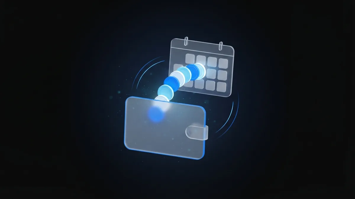 A frosted-glass wallet card receiving a recurring loop of glowing coins from a subscription.