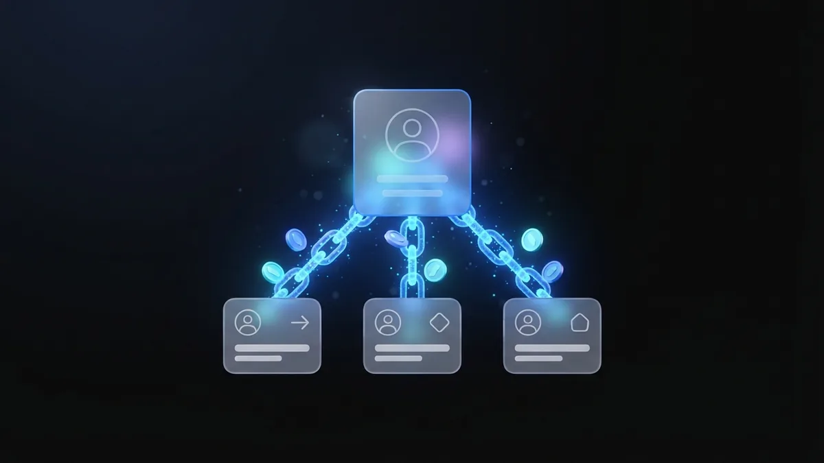 A glowing referral-link chain of light connecting a frosted-glass profile card to a subscriber.