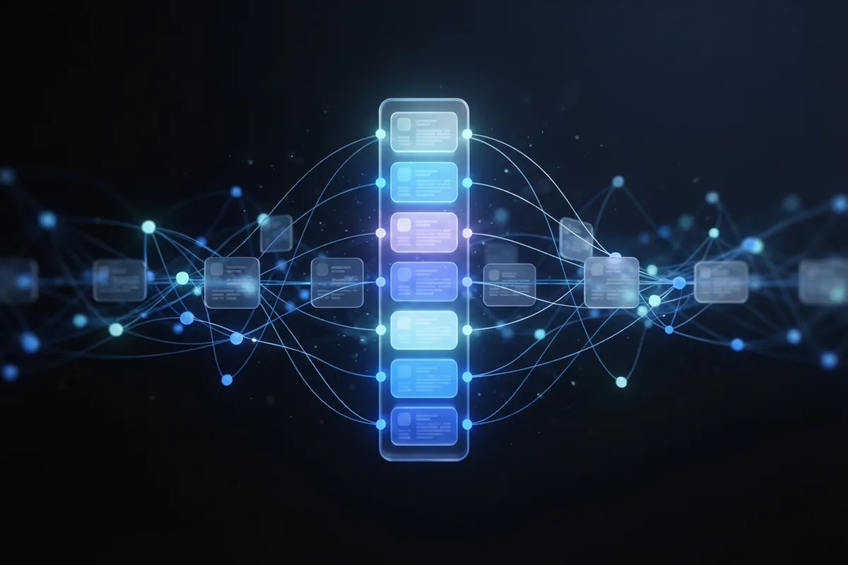 A luminous network of nodes reads meaning from glass cards and sorts them into a vertical feed.