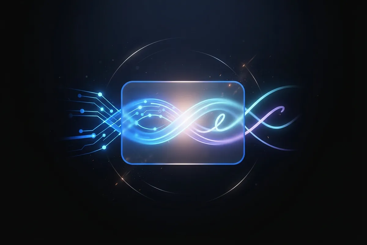 Two streams of light, circuit dots and a smooth wave, braid together through a frosted-glass card.
