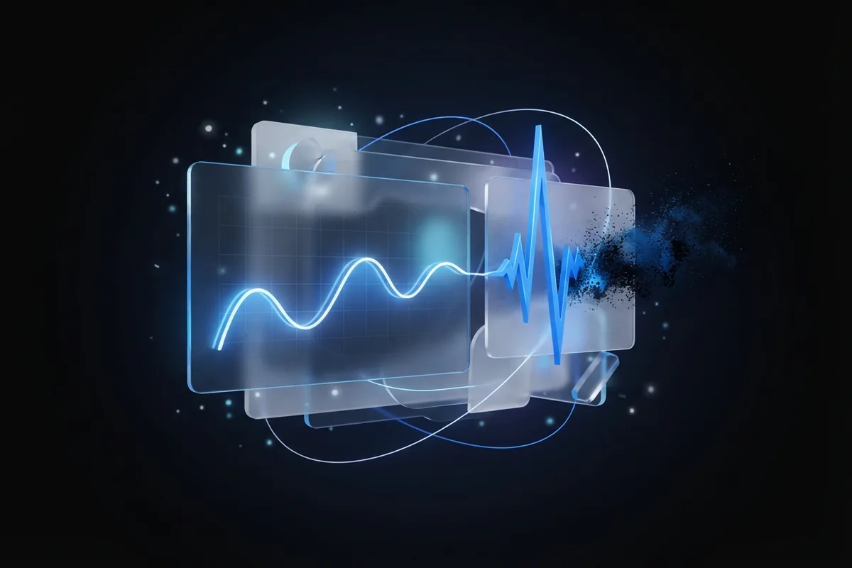 A calm, steady glowing line chart sits beside a jagged spike that fizzles into dark particles.