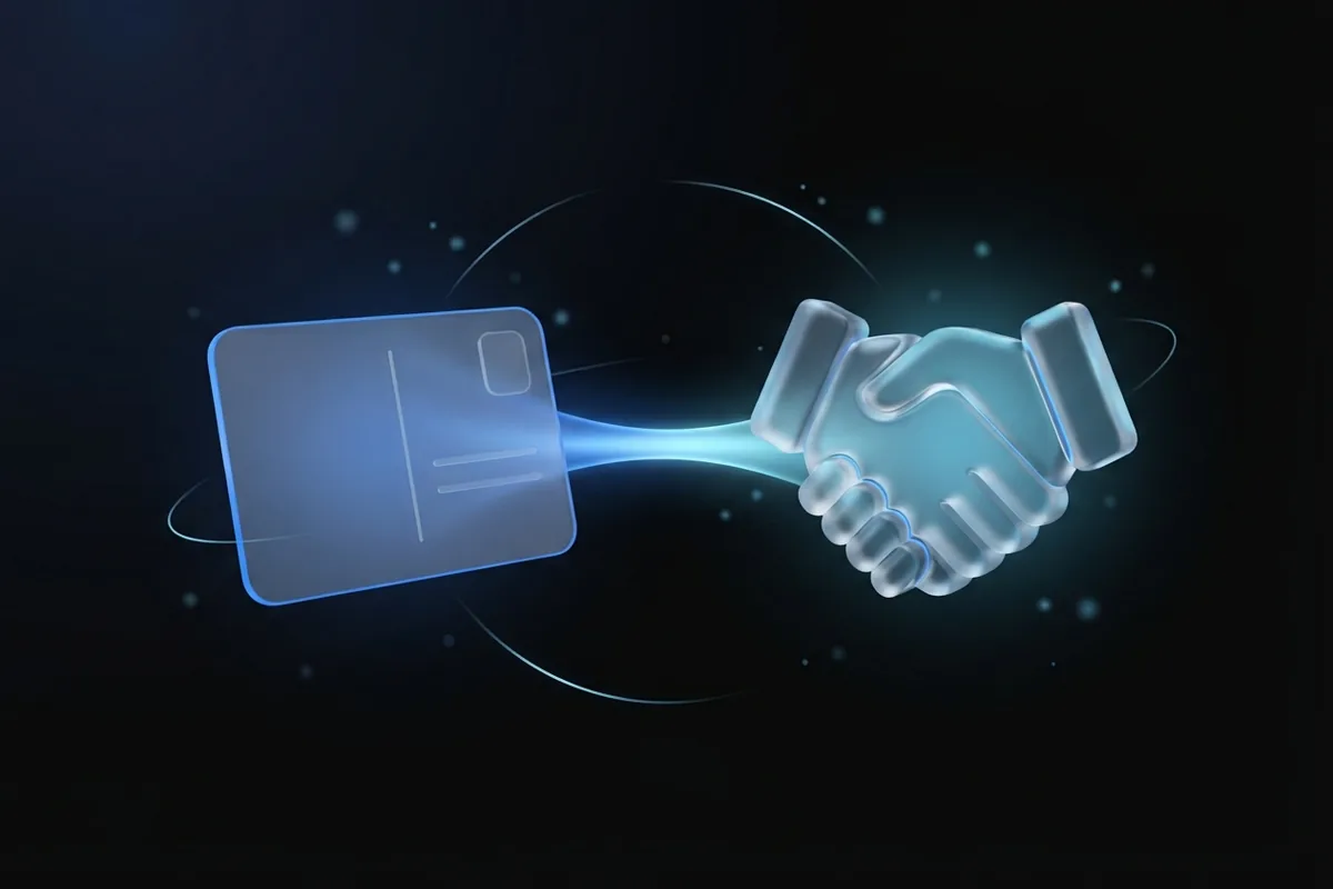 A glowing bridge of light spans a dark gap from a frosted-glass post card to a glass handshake.