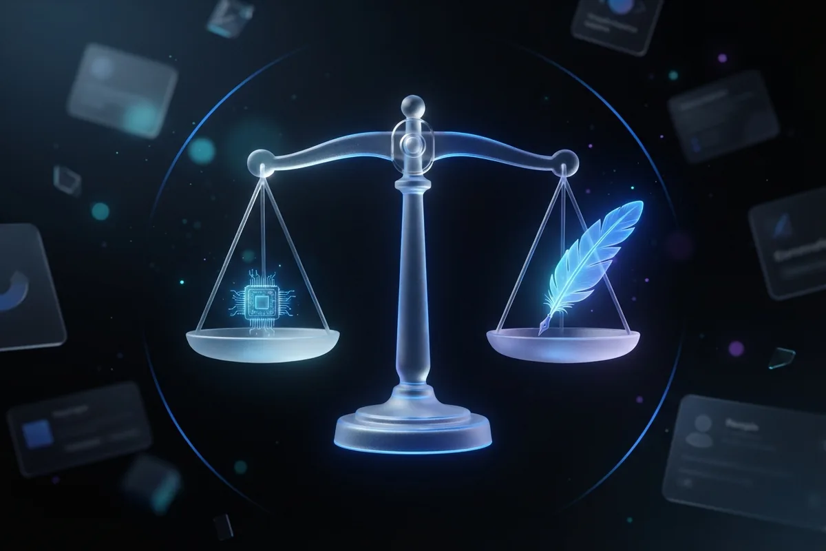 A frosted-glass balance scale weighs a glowing chip against a quill, testing the draft against ethical rules.