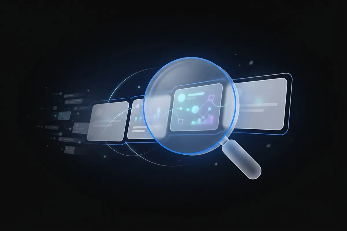A frosted-glass magnifying lens inspects a glowing thread of glass cards for searchable phrases.