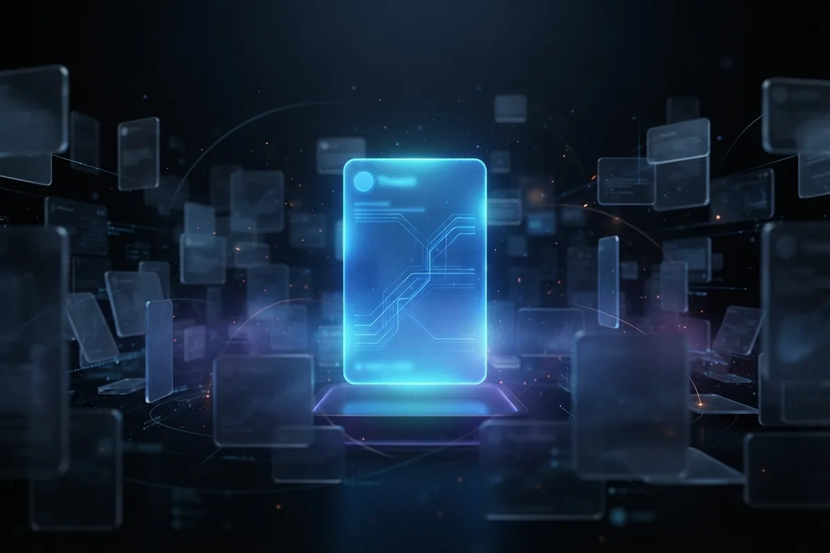 A single bright electric-blue glass card stands in the center of a wide field of dim scattered cards.