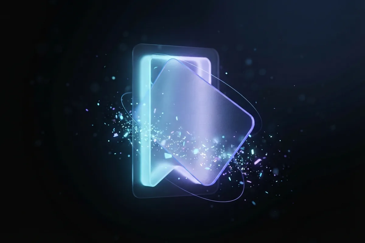 A frosted-glass post card slides into a glowing bookmark-shaped slot, the save-worthy object stored for later.
