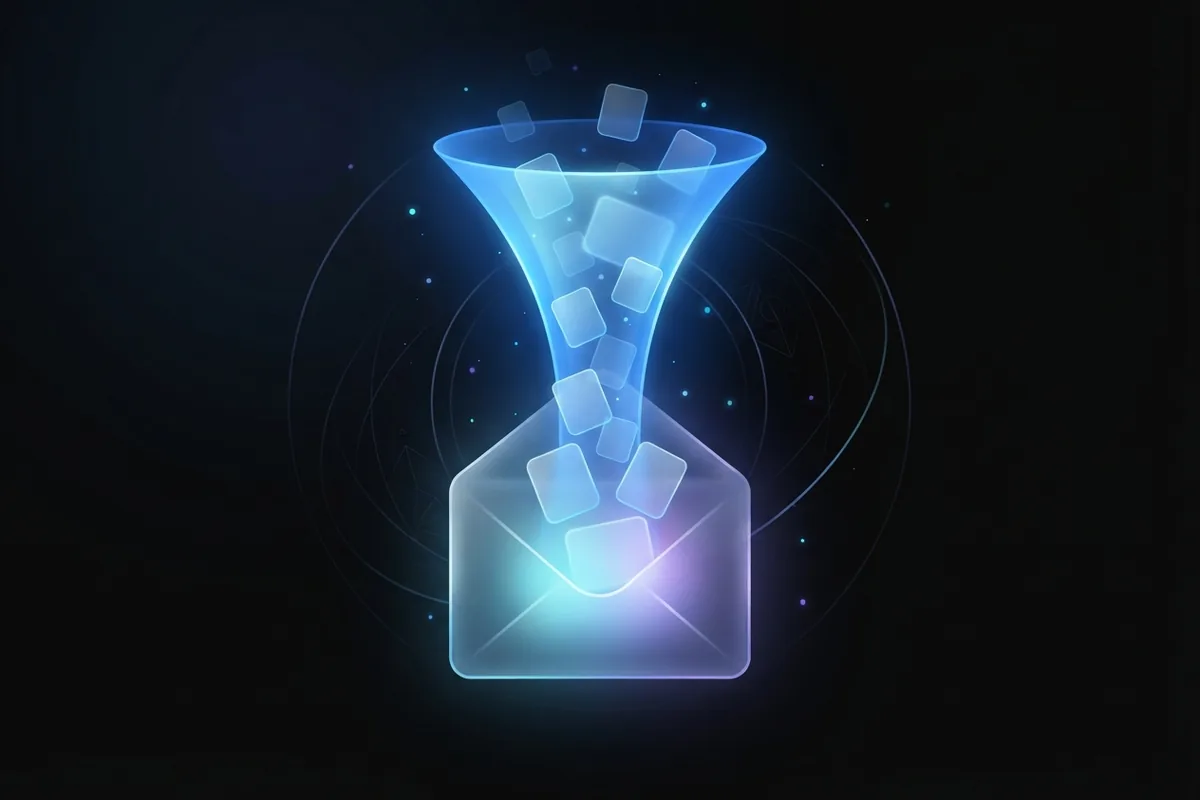 A glowing funnel of light carries glass thread cards down into a frosted-glass envelope.