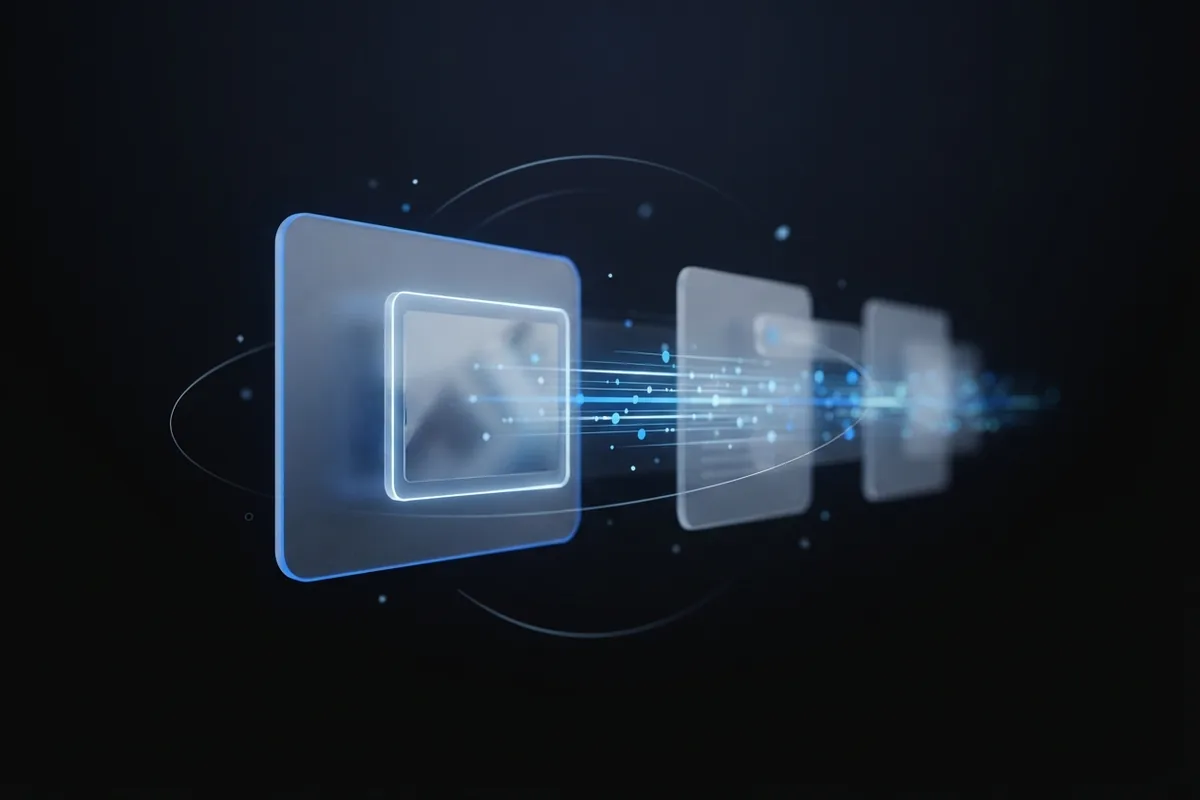 A frosted-glass thread whose first card holds a glowing image frame that stops a stream of scrolling light.
