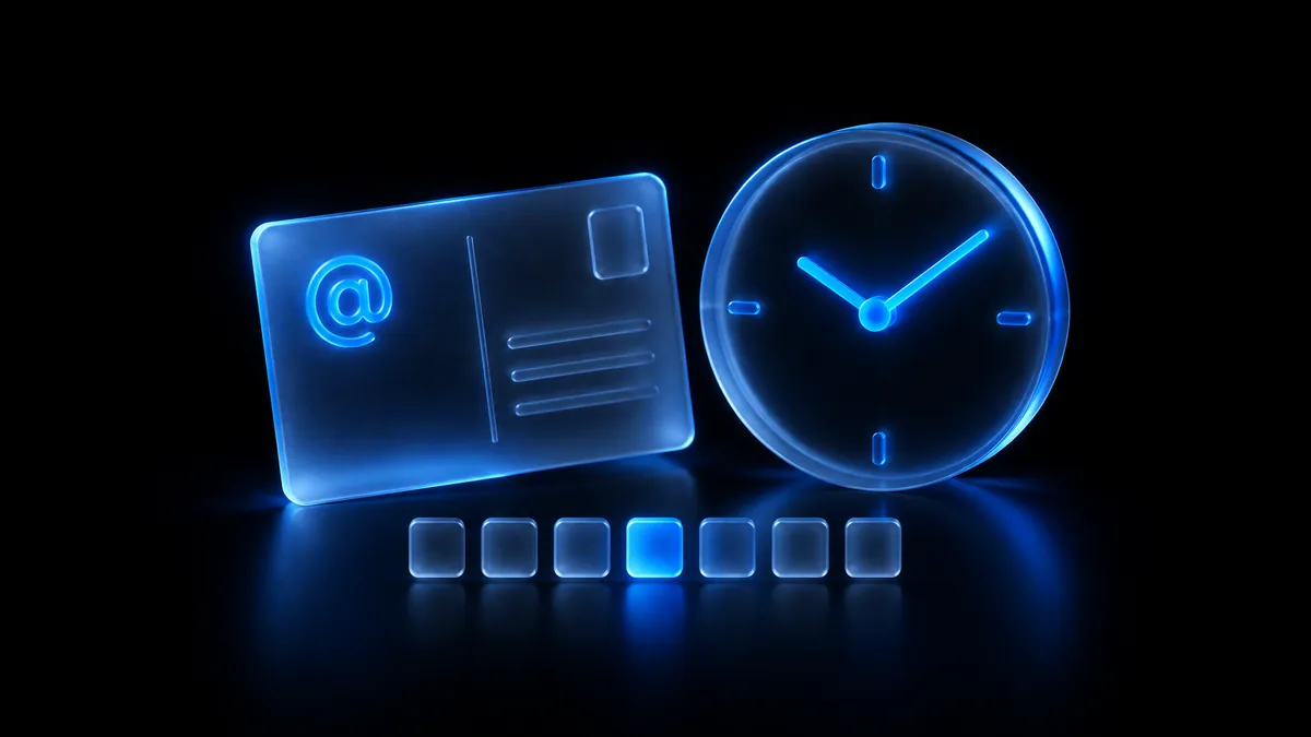 A dark frosted-glass Threads posting calendar with glowing blue time slots and a clock.