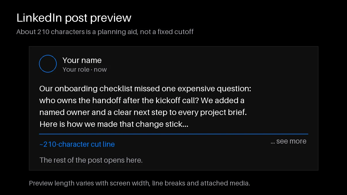 Illustrative LinkedIn post with a see more cut line after about 210 characters; the preview varies by screen width and formatting.