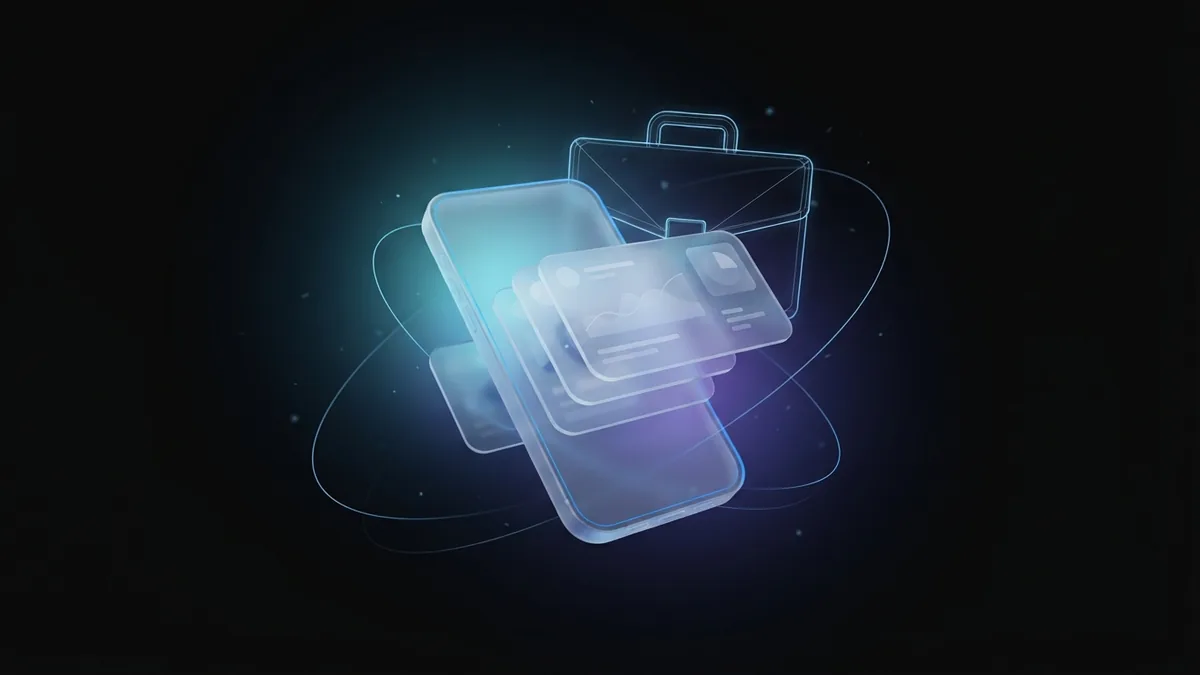 A phone displaying professional content on glowing glass panels.