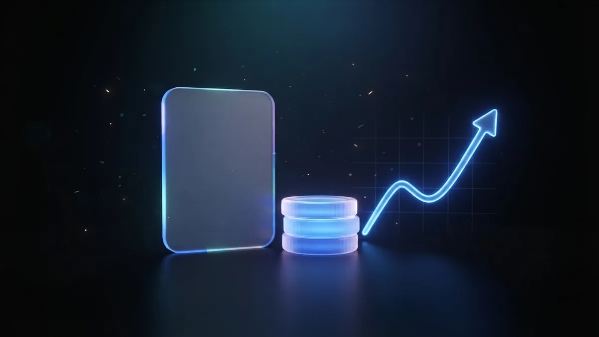 A frosted-glass card and a stack of glowing coins sit beside a rising neon line chart.