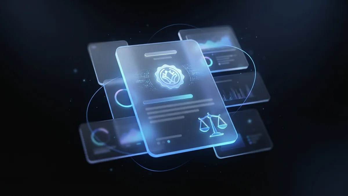 A frosted-glass document marked with a seal and scales of justice floats among other glass cards.