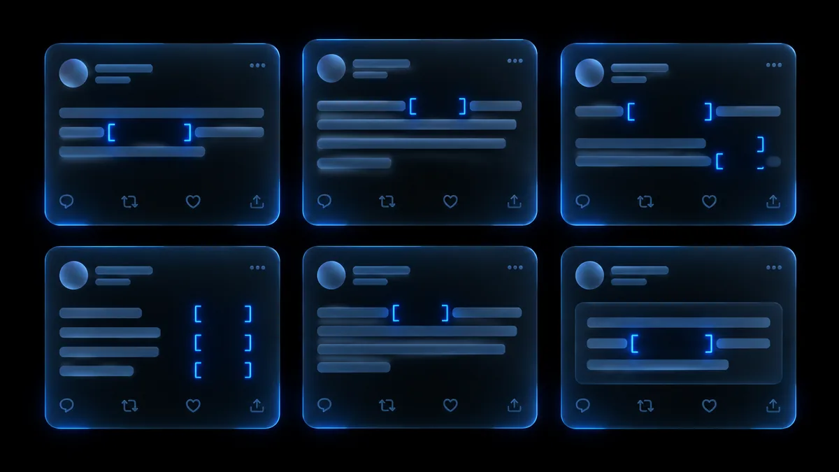 A dark frosted-glass library of X post templates with glowing blue brackets, hooks, and text cards.
