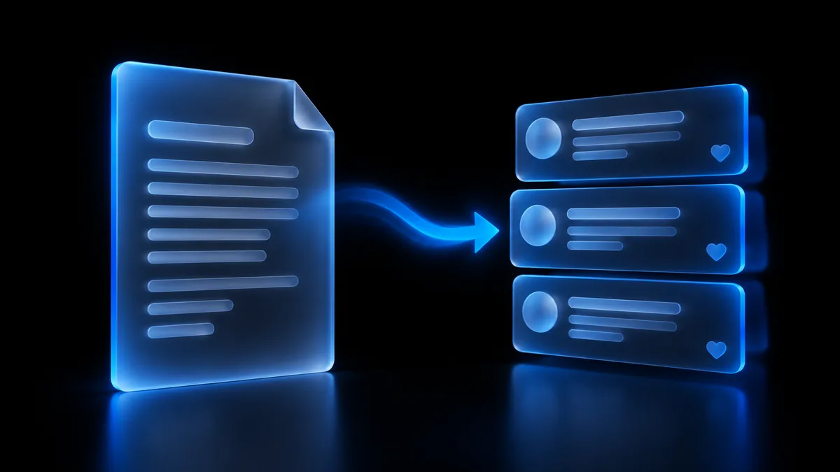 A dark frosted-glass article transforming into a sequence of short posts with glowing blue connectors.