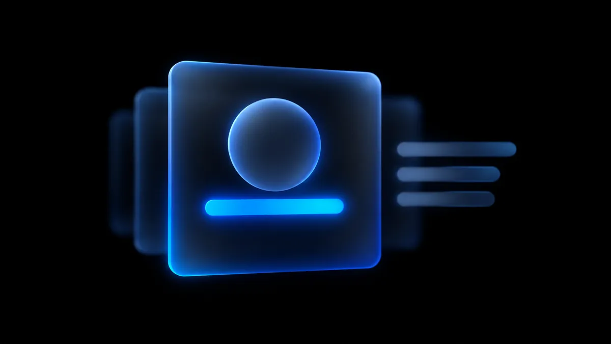 A dark frosted-glass LinkedIn profile with glowing blue headline variants beneath a circular avatar.