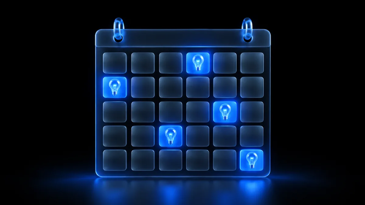 A dark frosted-glass calendar of writing prompts with glowing blue idea cards and a topic bubble.