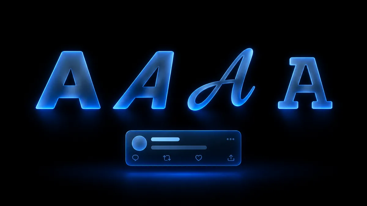 A dark frosted-glass typography grid showing X text in bold, script, and monospace with blue accents.